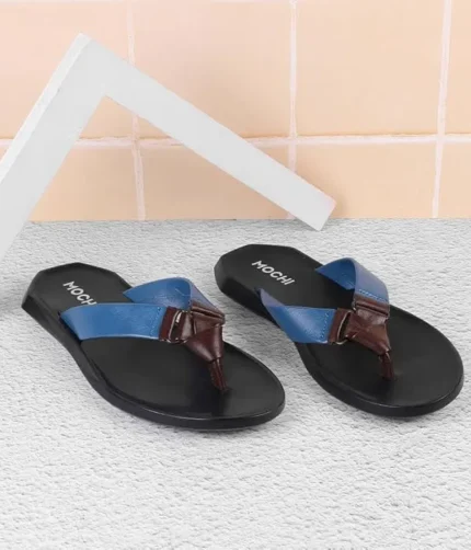 Mochi Men Leather Dual-Tone Slip-On Casual Slippers - Blue