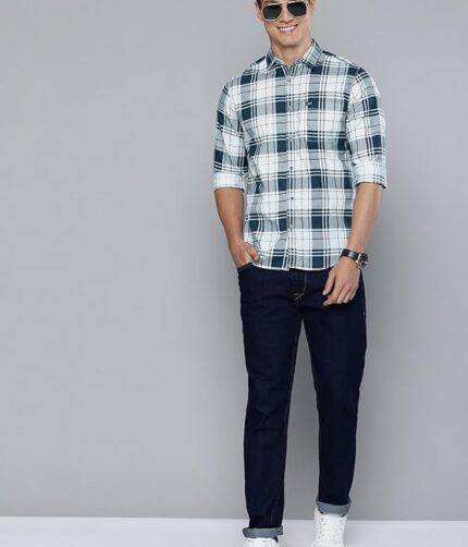 The Indian Garage Co Men Slim Fit Checkered Full Sleeves Cutaway Collar Casual Shirt - Colour white