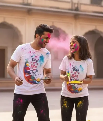 Unisex Dryfit Bura na Mano Print Holi T-Shirt for Men Women Couple Kids Adult Boy Girl Family.